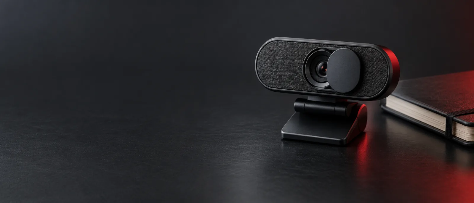 Editorial illustration of a webcam with a physical privacy shutter on a dark desk