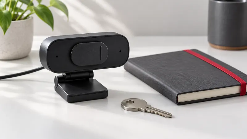 A webcam with its privacy shutter closed beside a key and notebook