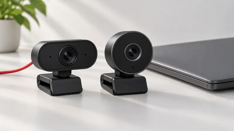 Two desktop webcams beside a closed laptop on a light desk