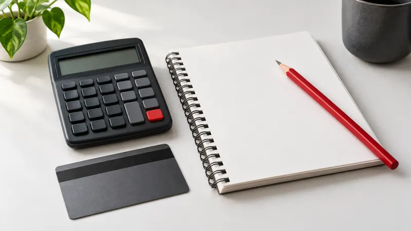 A blank notepad, calculator, red pencil and unbranded payment card