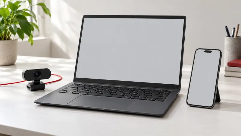 A laptop and phone with blank screens beside a desktop webcam